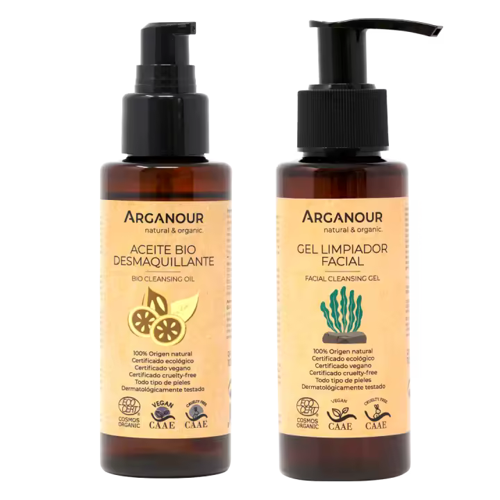 Arganour Doble Limpieza Facial Aceite Desmaquillante y Gel Limpiador Facial 100ml - Limpieza Profunda y Respetuosa con el Medio Ambiente - 1