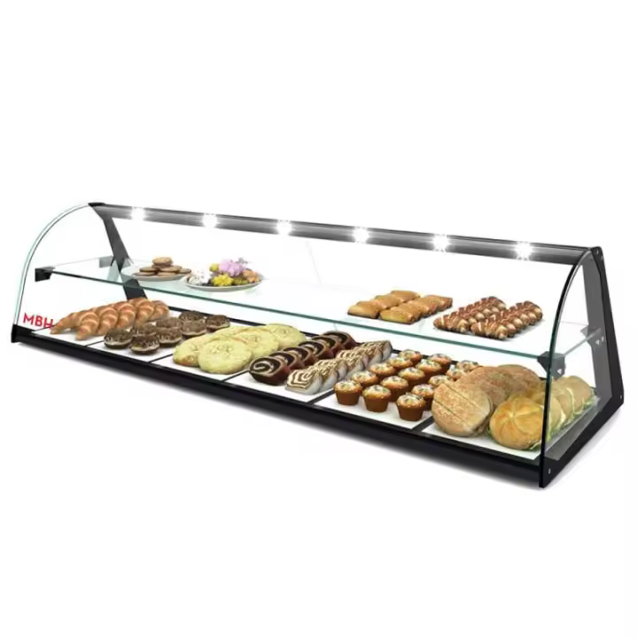 MBH - Expositor neutro de cristal curvado de 84 cm y 2 pisos para hostelería. Vitrina expositora de sobremesa neutra para bar y restaurante. Con LED. - 1