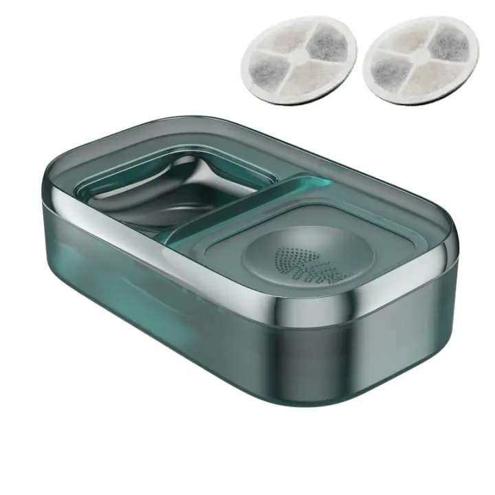 Fuente de Agua para Perros y Gatos, con Comedero de Acero Inoxidizable, Función 2 en 1, Capacidad 2L Dark Green. SSIT - 1