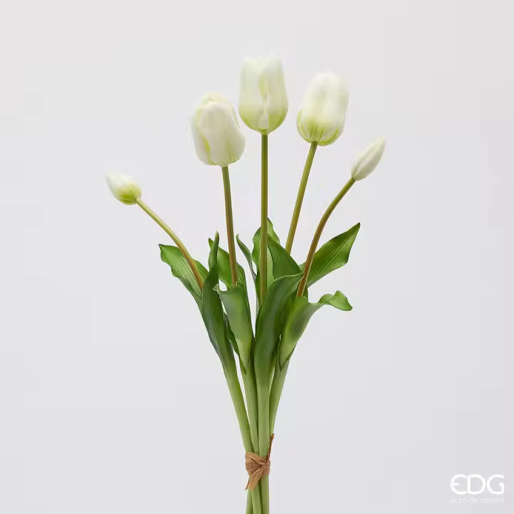 EDG Enzo De Gasperi Bouquet 5 Tulipanes con Hojas Artificiales H 48 Cm Blanco - 1