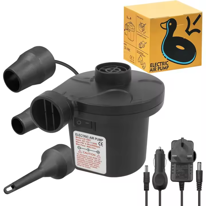 Bomba eléctrica para inflables con 3 boquillas, CA 240 V/CC 12 V 50 W, bomba de aire eléctrica de alta potencia para colchones inflables, inflador y desinflador. - 1