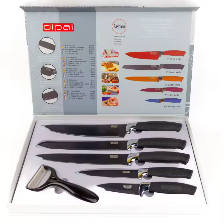 Juego de 6 cuchillos de chef antiadherentes de acero inoxidable para barbacoa y cocina (5 cuchillos + pelador) - 1