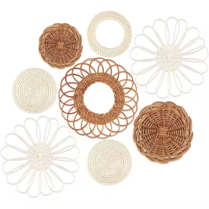 Juego de 8 cestas de mimbre decoración de pared cestas de ratán para decoración de pared decoración Bohemia para sala de estar o dormitorio (blanco) - 1
