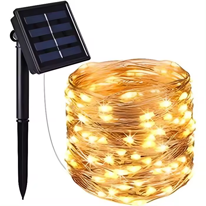 Guirnalda de luces Solares para Exterior, 12 m, 100 LED, cable de Cobre, Luz Blanca Cálida para decoración. - 1