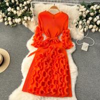 Vestido Elegante De Mujer 2024 Pleated Miyak Primavera Otoño V-Neck Suéter Beaded Exquisito Cinturón A-Line Midi Vintage Polyester - details 28