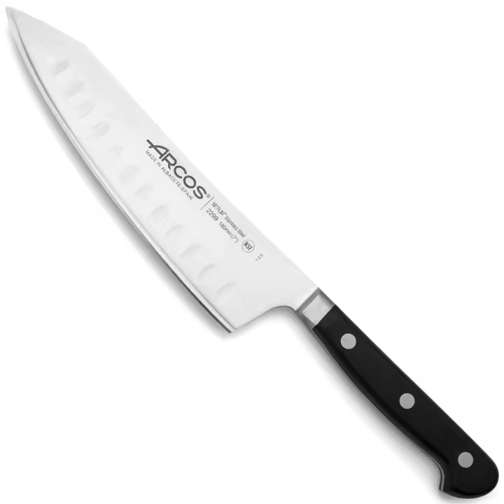 ARCOS Opera - Cuchillo Rocking Santoku Alveolado (180 mm) - Hoja de Acero Inoxidable Forjado Nitrum® - Mango Negro de Polioximetileno (POM) - 1