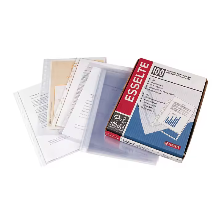 Caja 100 fundas folio multitaladro Esselte Quality de alta calidad -  30% de plástico reciclado - tipo piel de naranja - ideal para archivo - modelo 46134 - 1