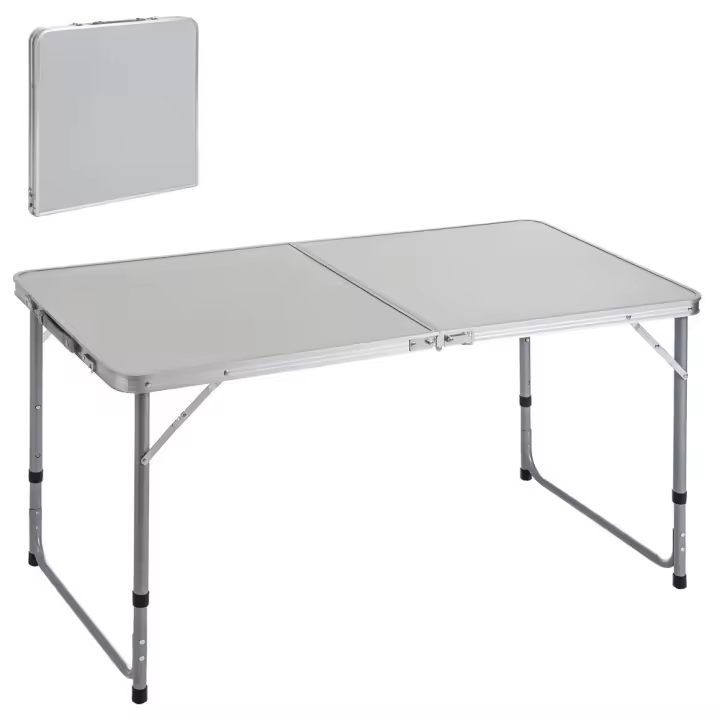 Mesa plegable camping y playa 120x60x70 cm, atura regulable 50-60-70 cm, mesa picnic portátil con asa transporte, patas plegables acero, tablero MDF aspecto madera nogal, marrón, antivuelco y compacta. - 1