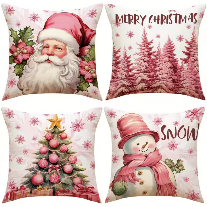 Paquete de 4 fundas de almohada de Navidad de color rosa reno-funda de cojín de lino con estampado de letras para decoración festiva de vacaciones, sofá y sala de estar funda de almohada - 1
