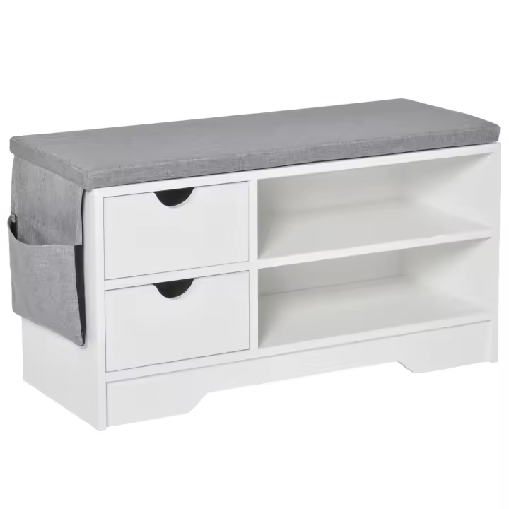 HOMCOM Banco Zapatero con Asiento 2 Estantes Bolso Cojín Extraíble y 2 Cajones Banco Recibidor Capacidad para 4 Pares de Zapatos para Entrada Pasillo Moderno 80,5x30,5x43,5 cm Blanco y Gris - 1