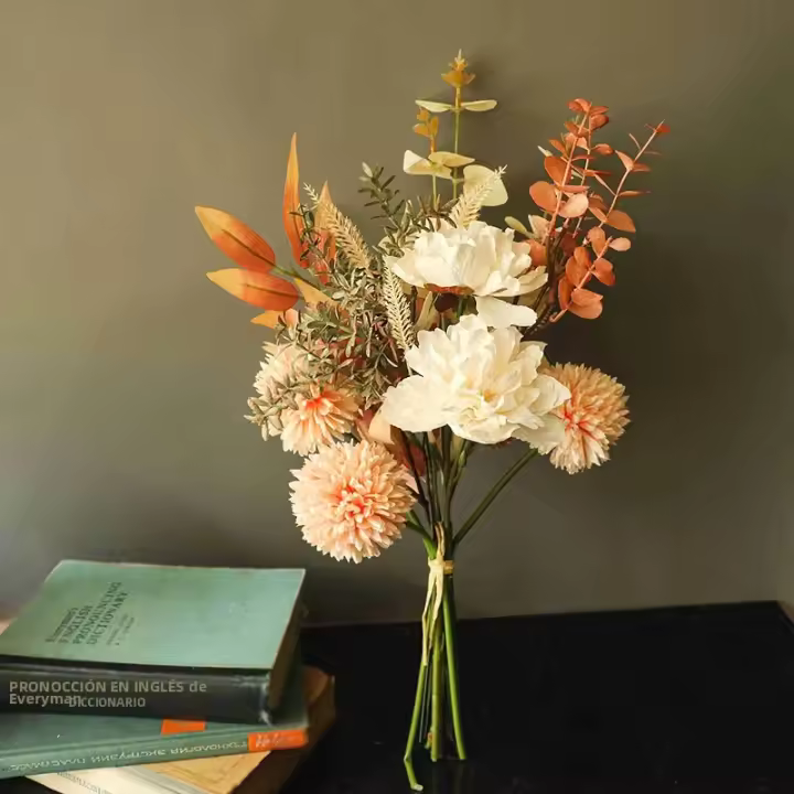 Bouquet De Flores Artificiales Otoño Rosa De Seda Hojas De Maple Dandelion Para Decoración De Hogar Bodas Halloween Y Otoño - 1