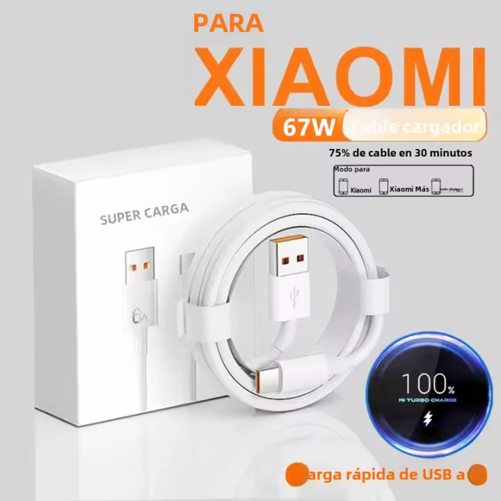 Cable De Carga Rápida Tipo C 6A 67W USB Para Xiaomi Redmi POCO X6 Huawei Honor OPPO Realme Cable De Datos Turbo Carga Mi Super Rápido Color Blanco - 1