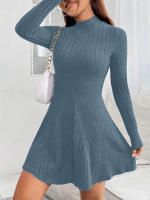 Vestido De Mujer Ajustado Con Cuello Alto Mitad A-line Falda Larga Manga Completa Rayas Vestido De Oficina Lady Cintura Empírica - details 1