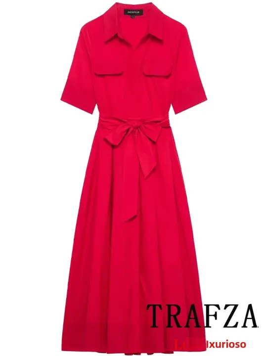 Vestido Largo Rojo Casual Elegante Para Mujer Con Cinturón Y Bolsillos Manga Corta Estilo Vintage Primavera Verano Sin Estirar Polyester - 1