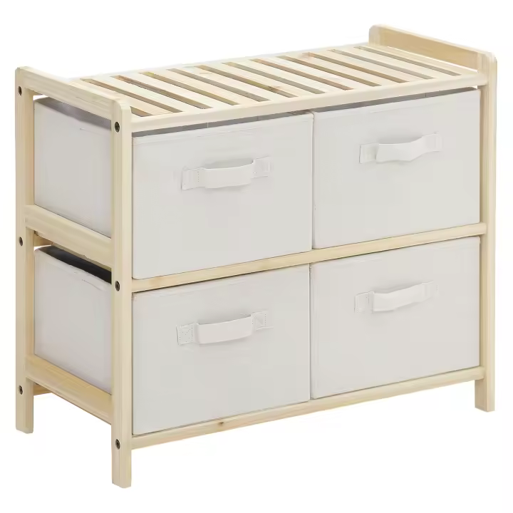 HOMCOM Mueble de almacenaje con cómoda de tela con 4 cajones plegables en tela de lino estilo elegante para dormitorio, despacho, salón, 59 x 28 x 50 cm, madera natural, beige - 1
