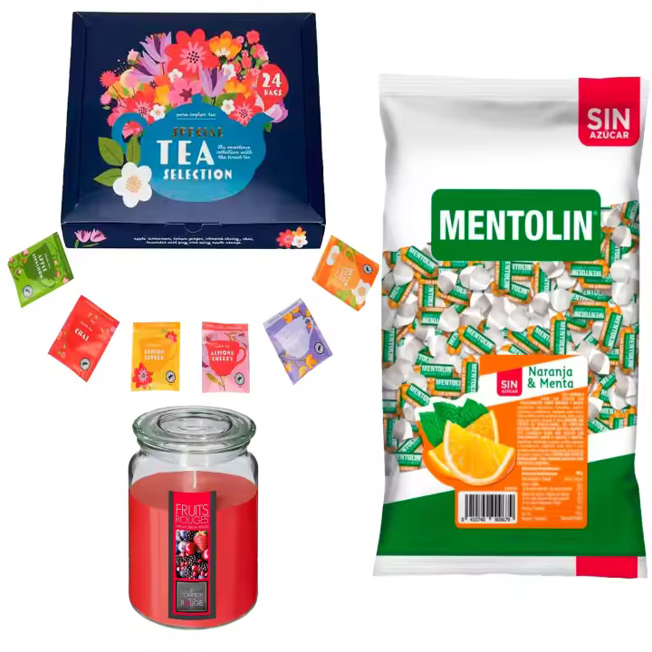 Lote respira: MENTOLIN NARANJA S/A BOLSA 1KG + Vela perfumada de frutos rojos + Set de Te con 24 bolsitas con diferentes sabores y aromas - 1