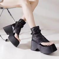 Sandalias De Verano Para Mujer Con Tacón Ancho Plataforma Cuña Cordones De Cuero Genuino Estilo Gladiador Con Corte Y Banda Delgada Botas De Tobillo Con Cordones De Anclaje - details 3