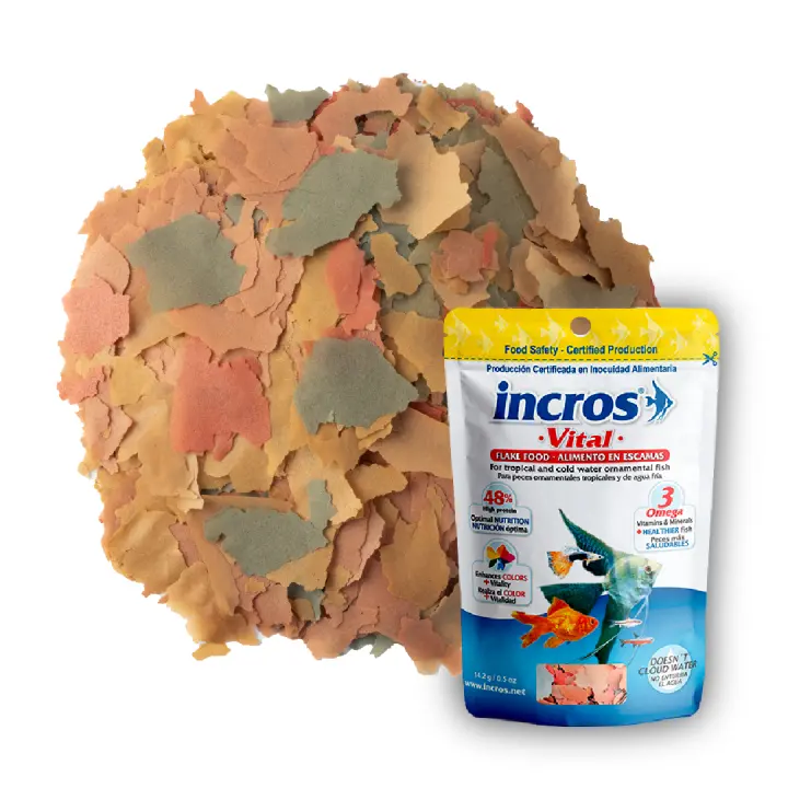 INCROS VITAL Alimento Premium en Escamas 48% Proteína para Peces Tropicales y de Agua Fría - Realza el Color - 14.2 Gr - 70 Ml - 1