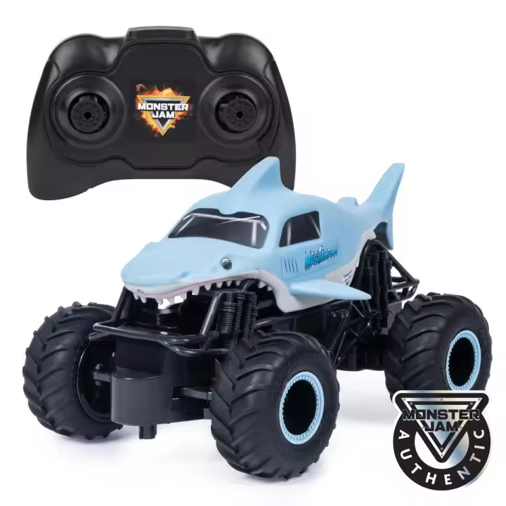 SPIN MASTER - MONSTER JAM - COCHE TELEDIRIGIDO MEGALODON - Coche RC Monster Jam Megalodon a Escala 1:24 - 2.4GHZ hasta 76m - 6044952 - Juguetes Niños +4 Años - 1