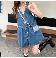 Vestido De Mujer Con Estampado De Vaquero Sin Mangas De Cintura Alta Estilo Casual Spaghetti Strap Denim V-Neck Mini - details 4