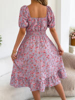 Vestido Elegante De Primavera Y Verano Para Mujer Con Estampado Floral Cuello Cuadrado Manga Corta Volante Al Borde Vestido A-Line De Rodilla - details 11