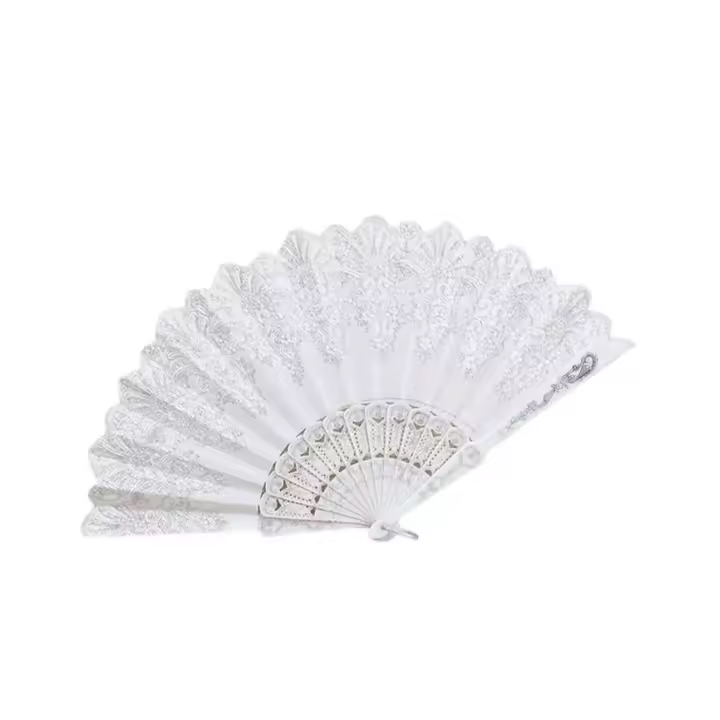 Abanico Plegable Femenino De Color Blanco Con Decoración Floral Plateada Ideal Para Baile Elegante Y Moderno - 1