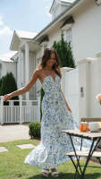 Vestido Maxi Bohemio De Verano Para Mujer En Chiffon Floral Sin Mangas Cuello En V A-Line Largo Con Espalda Descubierta Y Volante - details 9