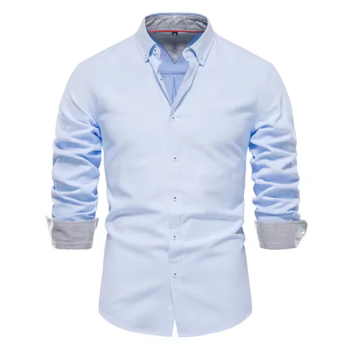 2024 otoño nueva camisa ajustada de tamaño europeo para hombres Casual versátil moda Color sólido manga larga Top ropa para hombres - 1