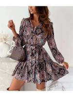 Vestido De Mujer Elegante Casual Primavera/Verano Con Estampado Cuello Redondo Manga Larga Con Cinturón Vestido A-Line De Rodilla - details 9