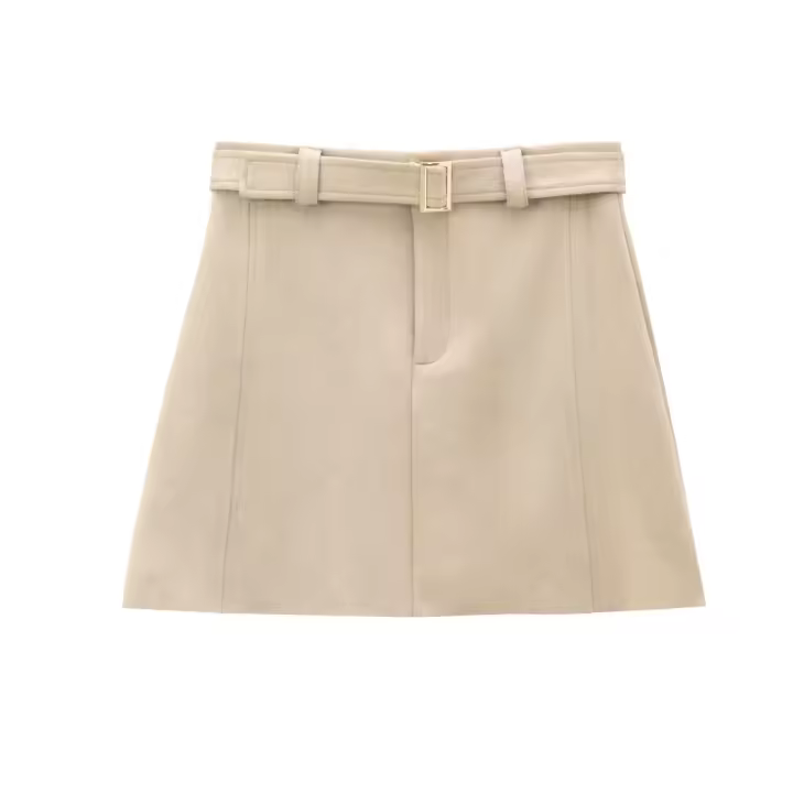Elegant Women With Belt Faux Suede Mini Skirt Female Office Wear High Waist A-line Skirts faldas mujer - 1