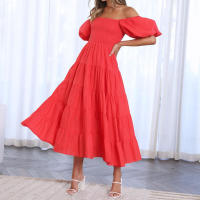 BAMBOOBOY Vestido Largo De Verano Para Mujer Hombros Descubiertos Color Sólido Manga Corta Puff Cuello Abierto A-Line Cintura Alta Midi Sundress - details 1