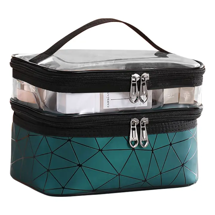 Bolsa de maquillaje de doble capa con bolsillo independiente, organizador de viaje para brochas de maquillaje, lápiz labial, portátil, impermeable, estuche pequeño para guardar maquillaje - 1