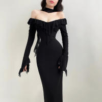 Xeemilo Vestido Largo De Noche Elegante Con Encaje Y Manga Larga Para Mujer Vestido De Fiesta Club Sexy Con Cuello Redondo Y Corte Slim - details 2