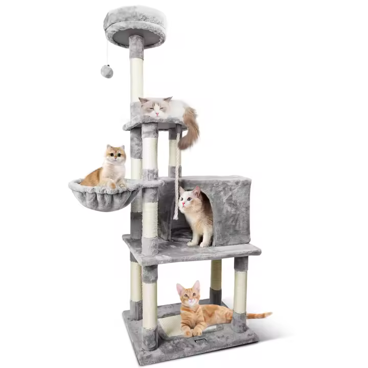 Nobleza - Árbol Rascador para Gatos Altura 148 CM, Rascador para Gatos Grandes de Varias Capas, Nido Colgante para Gatos, 9 Postes de Sisal, Pelotas de Felpa, Gris - 1