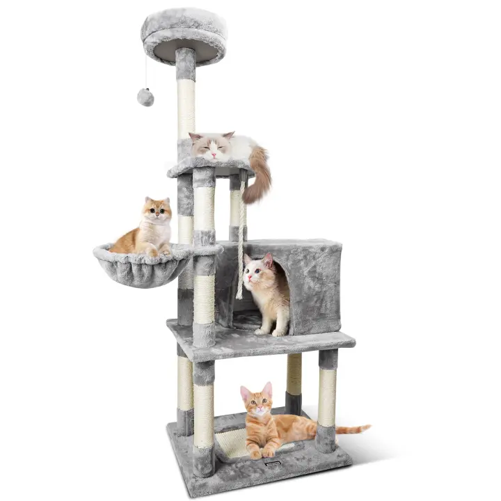 Nobleza - Árbol Rascador para Gatos Altura 148 CM, Rascador para Gatos Grandes de Varias Capas, Nido Colgante para Gatos, 9 Postes de Sisal, Pelotas de Felpa, Gris - 1