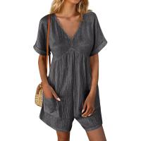 Monos De Verano Casuales Para Mujer Con Hombros Descubiertos Y Mangas Cortas Ruched Estilo Romper De Piernas Largas Con Bolsillos De Poliéster - details 7