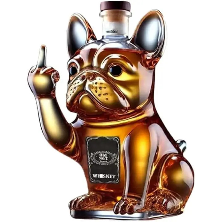 Divertida botella de whisky de bulldog francés, decantador de whisky de bulldog francés con dedo medio en 3D, vasos de whisky con forma de bulldog grabados para hombres, papás, esposos y amantes del bar en casa (A) - 1