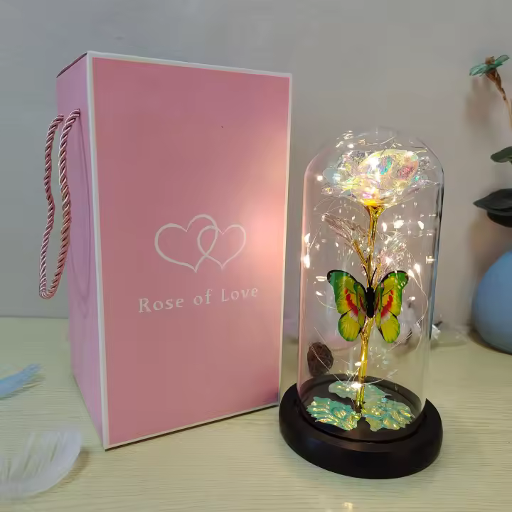 Lámpara De Rosas Artificiales Con LED Colores Y Mariposa En Vidrio Regalo Para Mujeres Luz De Galaxia Rosa Artificial Con Mariposa Y LED Colorido - 1