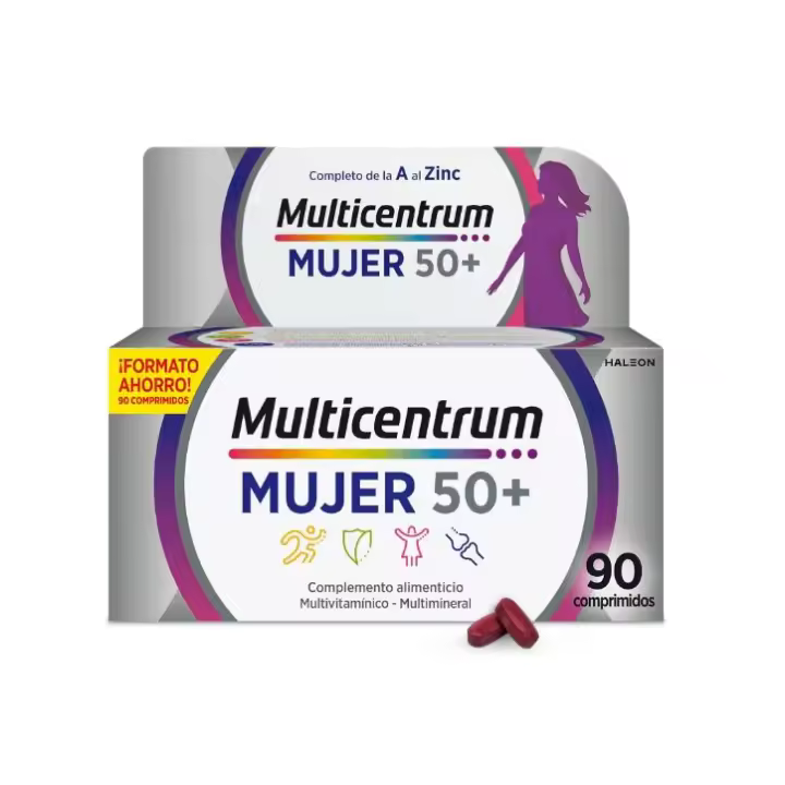 Multicentrum Mujer 50+ Complemento Alimenticio Multivitamínico y Multimineral, Con Vitamina C y Zinc; Postmenopausia, Sin Gluten, 90 Comprimidos - 1