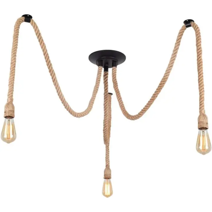 Lámpara de araña industrial retro de cuerda de cáñamo para bricolaje, lámpara colgante de 3 luces, portalámparas E27 para techo retro - 1