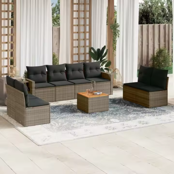 vidaXL Set de muebles de jardín 9 pzas y cojines ratán sintético gris - 1