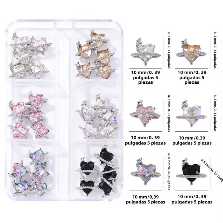 30pcs Decoración De Uñas En Forma De Corazón Y Planeta Estilo Metálico Y2K Con Diamantes De Color Plata Adornos De Aleación De Rhinestone Para DIY - 1