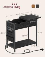 Mesa Auxiliar con Enchufes y Puerto USB - Mesita de Noche con Tablero Plegable, Estante y Bolsa de Tela, Estilo Vintage, Marrón/Negro, para Salón y Dormitorio - details 15