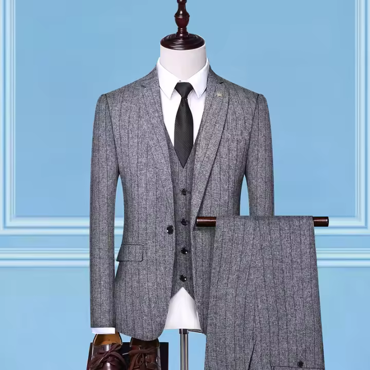 Traje De Tres Piezas Para Hombre Con Rayas Y Cuadros Chaqueta Con Cuello En V Pantalones Elegantes Para Ocasiones Casuales Y De Negocios - 1