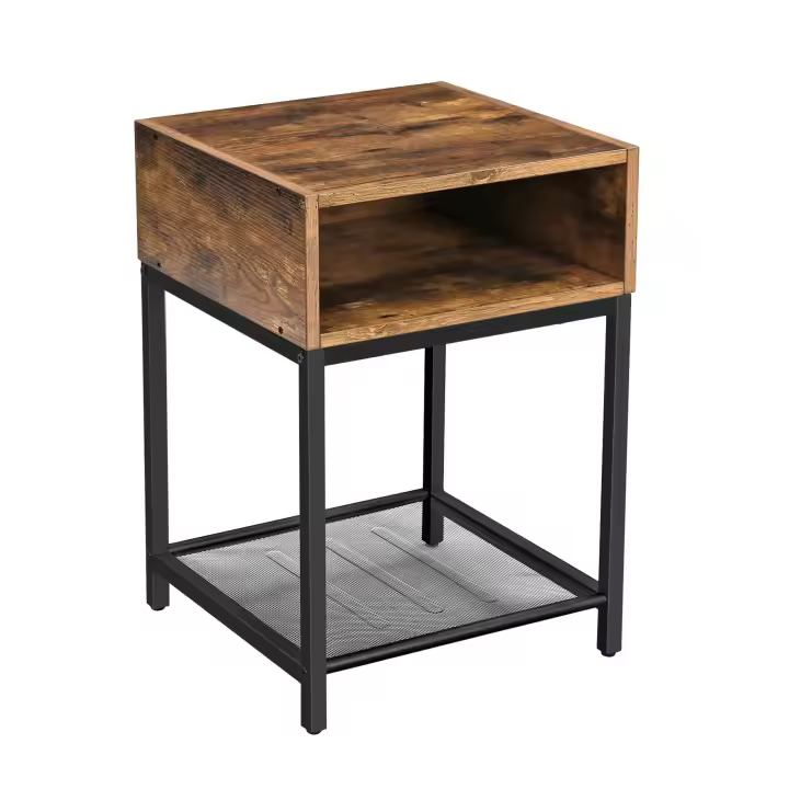 VASAGLE Mesita de Noche, Mesa Auxiliar con Compartimento Abierto y Estante de Malla, para Dormitorio, salón, Fácil Montaje, Ahorro de Espacio, Modelo Industrial, Marrón Rústico y Negro - 1