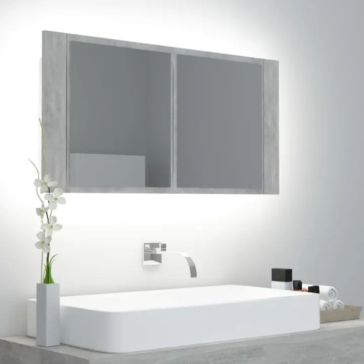 vidaXL Armario espejo baño luz LED acrílico 90x12x45 cm en color Gris hormigón/Marrón roble/Negro y más | almacenamiento funcional diseño moderno para baño dormitorio sala - 1