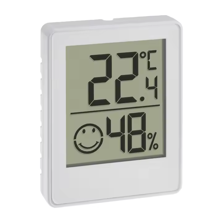 TFA Dostmann Termómetro digital mini higrómetro 30.5039.02, termómetro de ambiente, temperatura y humedad, con zonas de confort sonriente, color blanco - 1