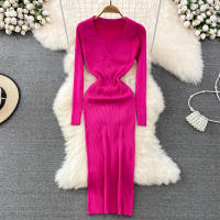 Vestido Largo A-Line Elegante De Cintura Alta Con Escote En V Para Mujer REALEFT Knitted Wrap Vestido De Poliéster Otoño Invierno - details 17