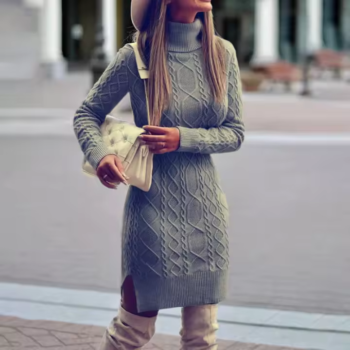 Nuevo vestido de mujer 2023 con cuello, manga larga, tejido grueso y elegante, envuelto en una torsión de pierna alta para otoño e invierno - 1