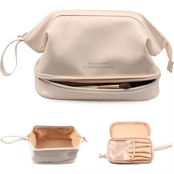Neceser de Mujer de Gran Capacidad, Neceser de Maquillaje de Transporte portátil, Neceser de Maquillaje Multifunctional con Doble diseño, Fabricado en Cuero de Alta Calidad, Blanco - 1